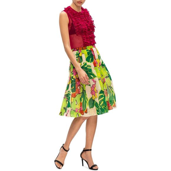 Dries Van Noten Green Tropical Floral Print Pleated Midi Skirt Women’s Size 40
